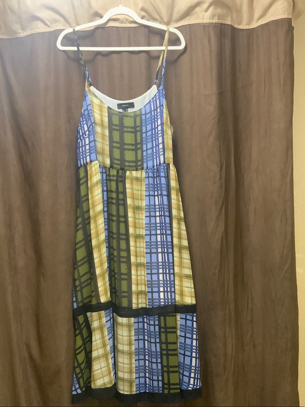 Forever 21 Blue & Olive Plaid lace Midi Spaghetti-Strap lined Dress (NWOT)